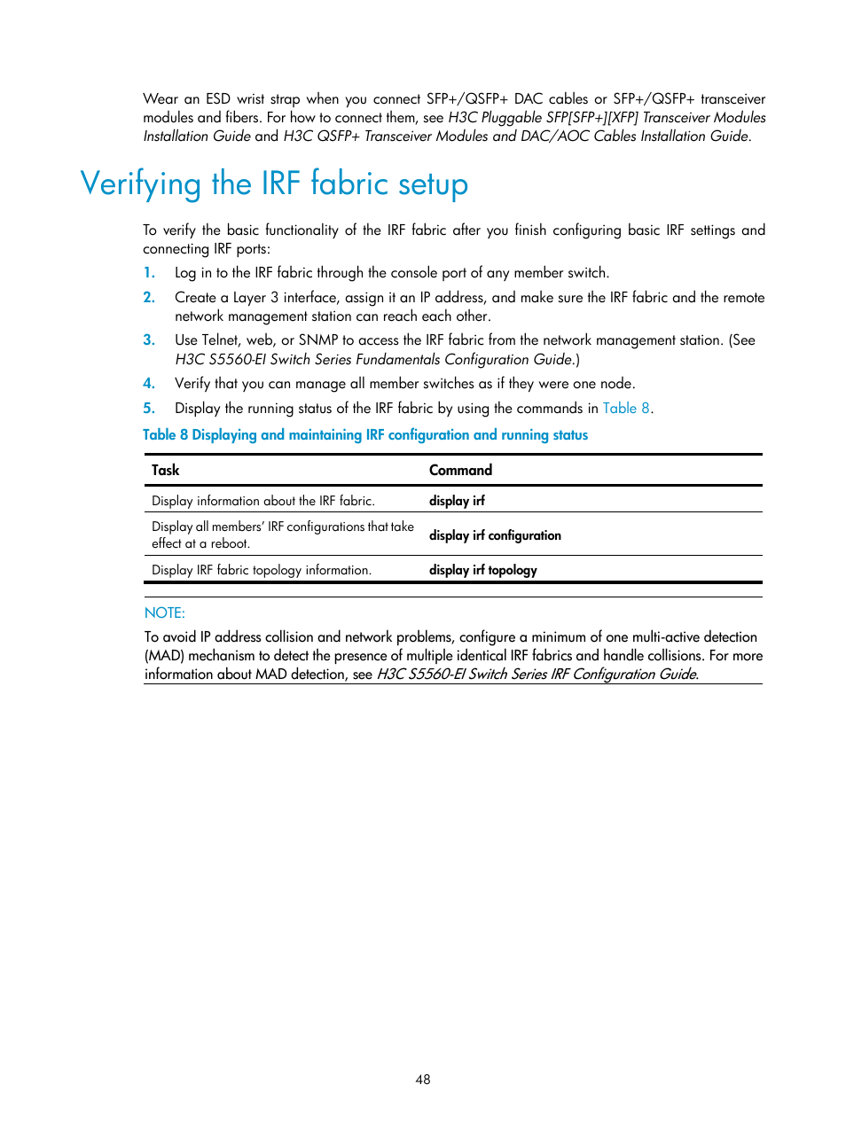 Verifying the irf fabric setup, Setting up an irf fabric | H3C Technologies H3C S5560 Series Switches User Manual | Page 57 / 101
