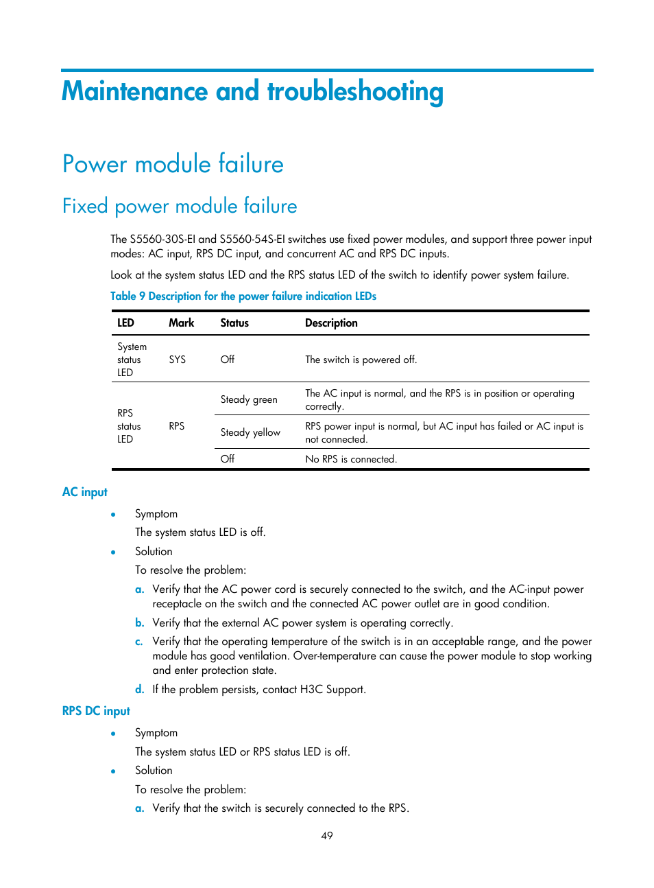 Maintenance and troubleshooting, Power module failure, Fixed power module failure | Ac input, Rps dc input, Irf fabric setup flowchart | H3C Technologies H3C S5560 Series Switches User Manual | Page 58 / 101