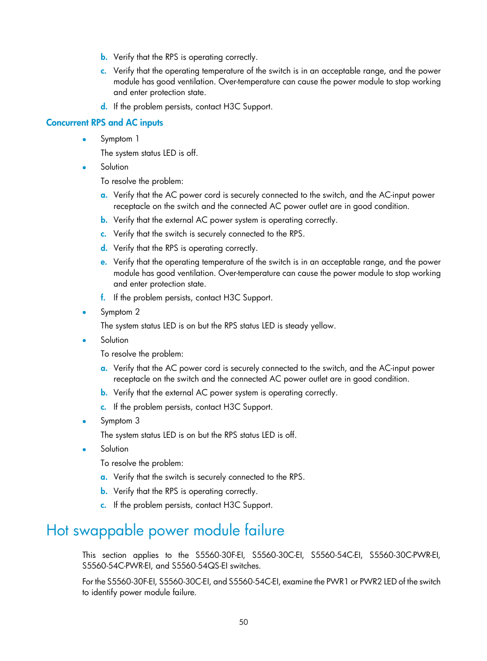 Concurrent rps and ac inputs, Hot swappable power module failure, Planning irf fabric setup | Planning irf fabric size and the installation site | H3C Technologies H3C S5560 Series Switches User Manual | Page 59 / 101