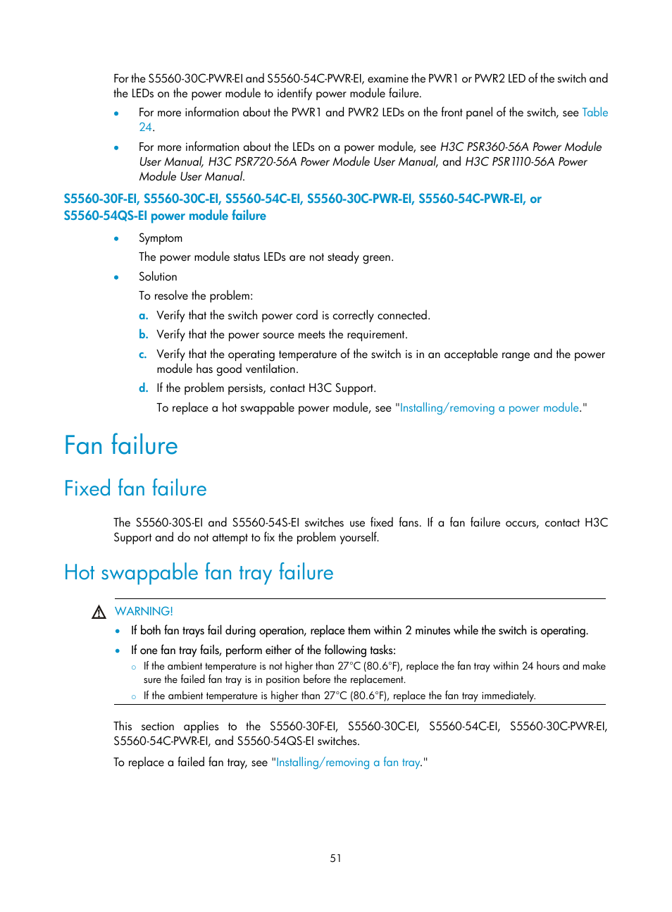 Fan failure, Fixed fan failure, Hot swappable fan tray failure | Planning irf topology and connections | H3C Technologies H3C S5560 Series Switches User Manual | Page 60 / 101