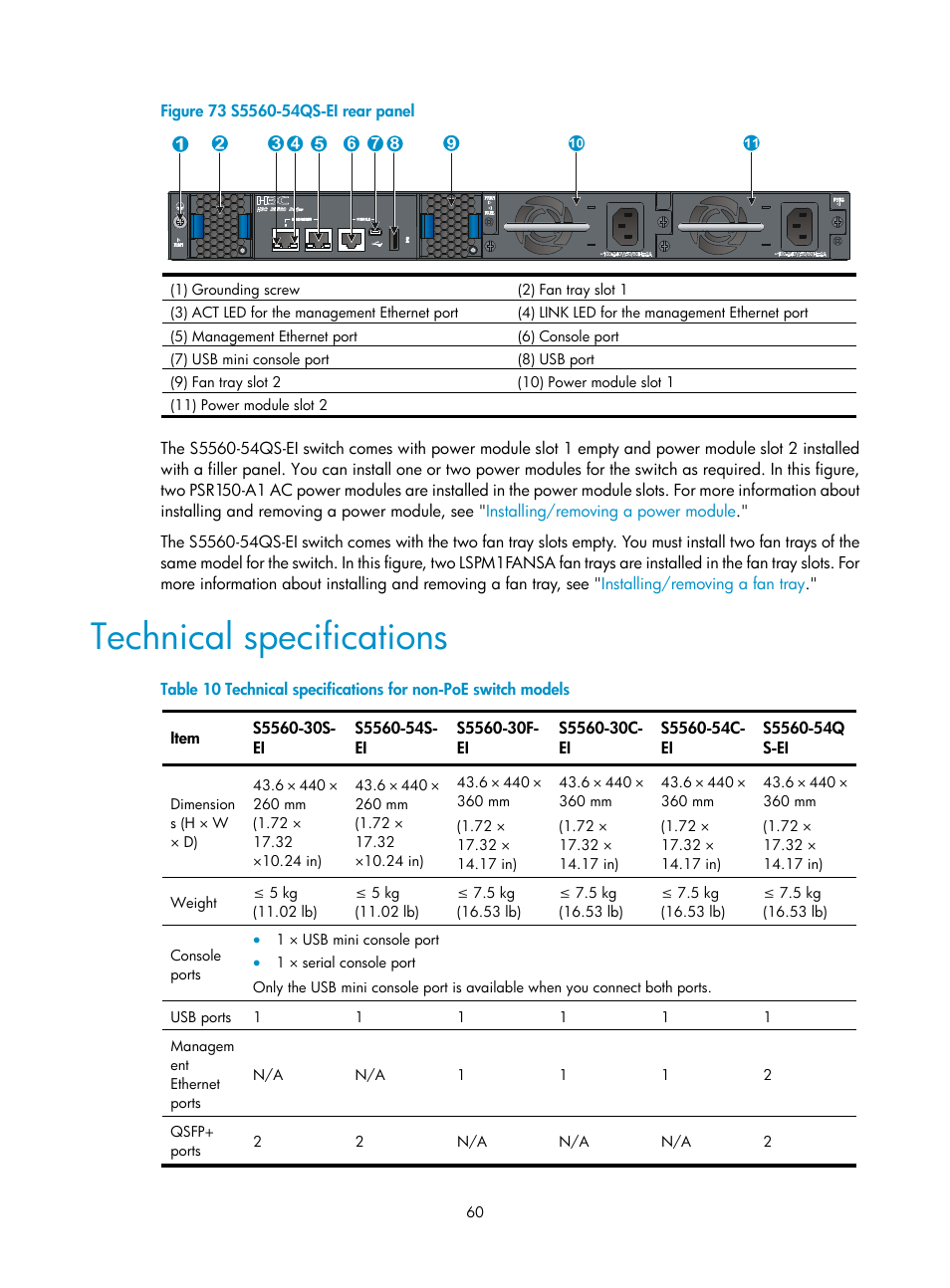 Technical specifications, Hot swappable power module failure | H3C Technologies H3C S5560 Series Switches User Manual | Page 69 / 101