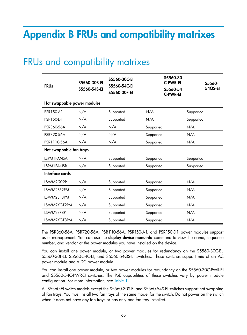 Appendix b frus and compatibility matrixes, Frus and compatibility matrixes, S5560-54s-ei | S5560-30f-ei | H3C Technologies H3C S5560 Series Switches User Manual | Page 74 / 101