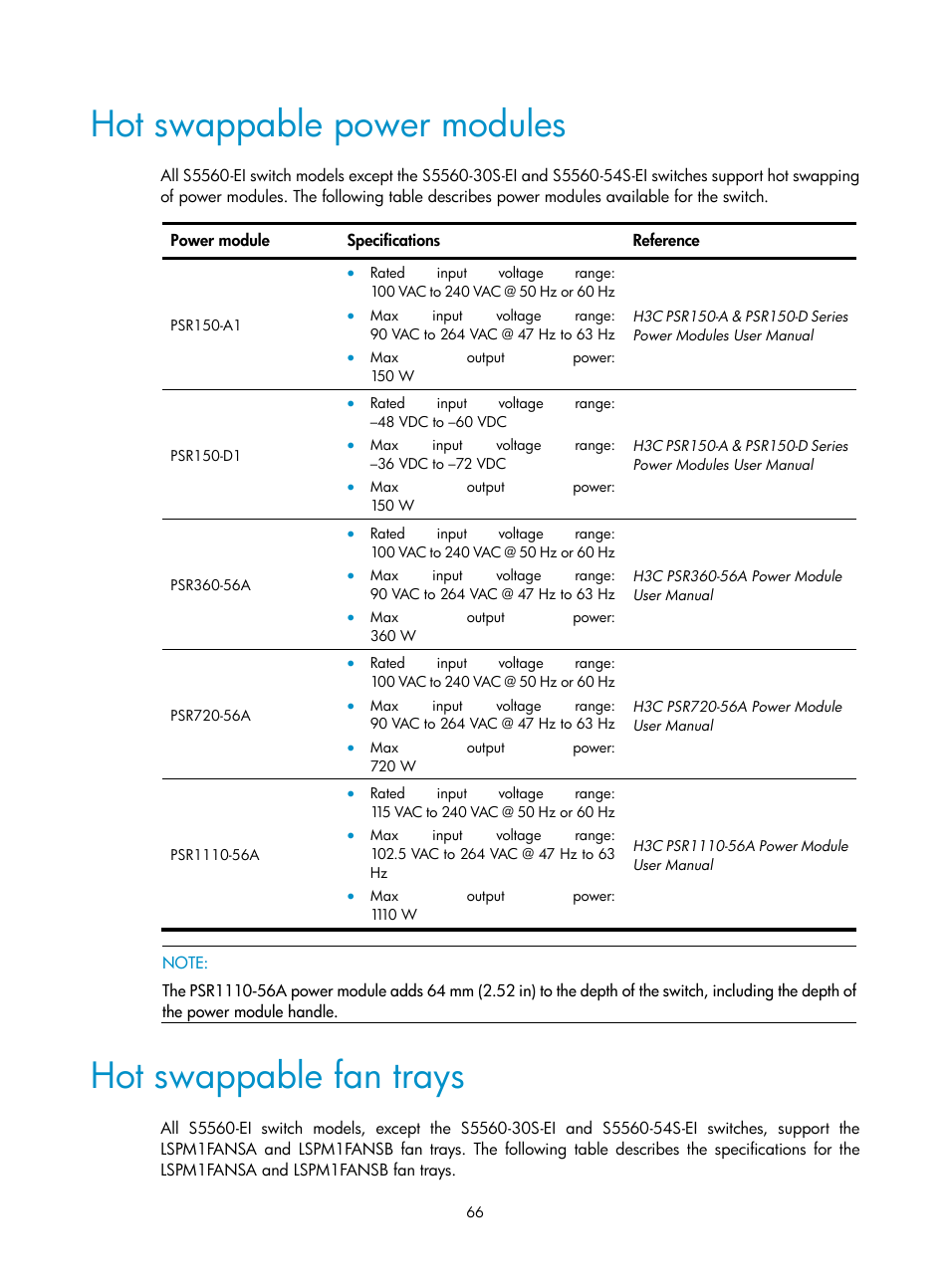 Hot swappable power modules, Hot swappable fan trays, S5560-30c-ei | H3C Technologies H3C S5560 Series Switches User Manual | Page 75 / 101