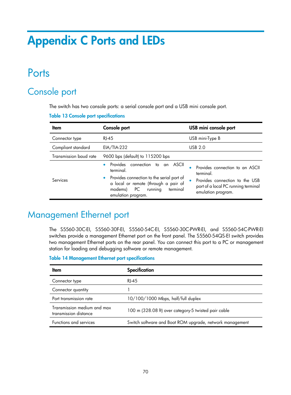 Appendix c ports and leds, Ports, Console port | Management ethernet port, S5560-54qs-ei | H3C Technologies H3C S5560 Series Switches User Manual | Page 79 / 101