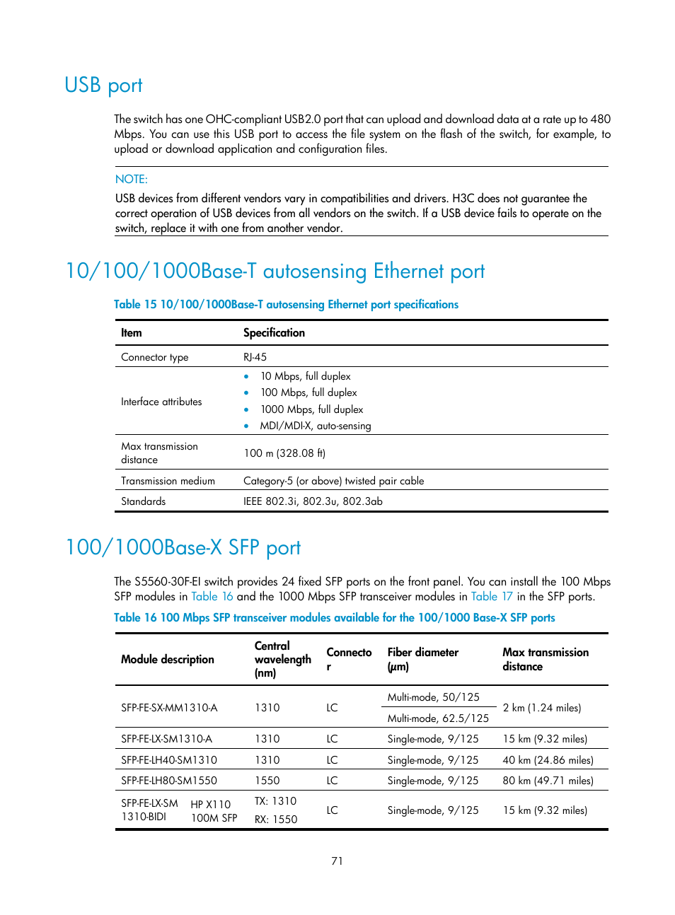 Usb port, 10/100/1000base-t autosensing ethernet port, 100/1000base-x sfp port | Technical specifications | H3C Technologies H3C S5560 Series Switches User Manual | Page 80 / 101