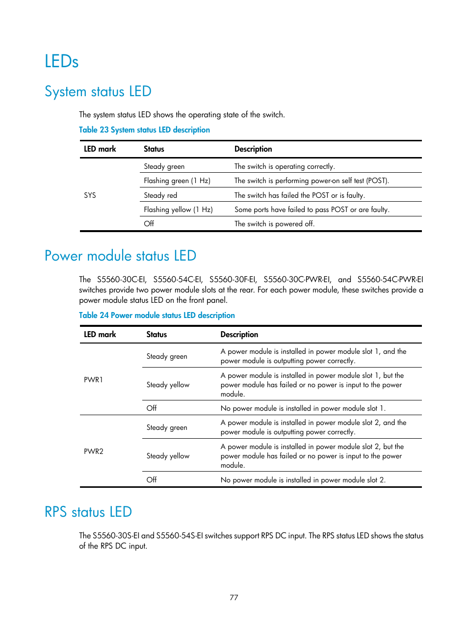 Leds, System status led, Power module status led | Rps status led, Hot swappable power modules, Table | H3C Technologies H3C S5560 Series Switches User Manual | Page 86 / 101