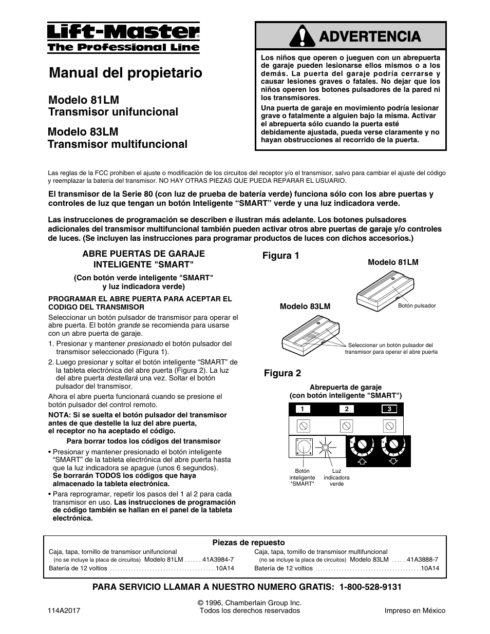 Spanish, Manual del propietario, Modelo 83lm transmisor multifuncional | Modelo 81lm transmisor unifuncional, Figura 1, Figura 2, Abre puertas de garaje inteligente "smart | Chamberlain 81LM User Manual | Page 2 / 2