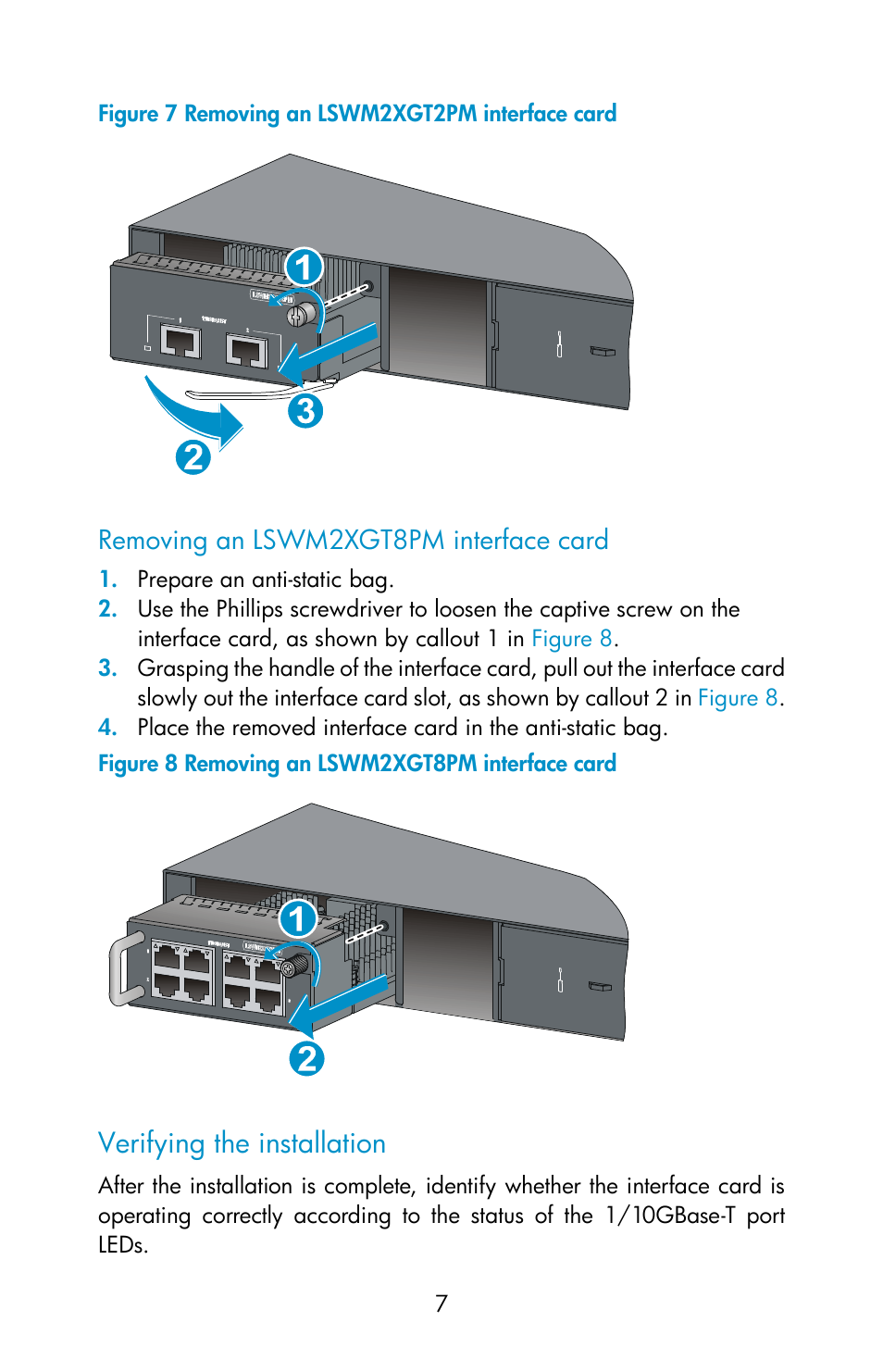 Removing an lswm2xgt8pm interface card, Verifying the installation, Figure 7 | 3 in | H3C Technologies H3C S5560 Series Switches User Manual | Page 7 / 8