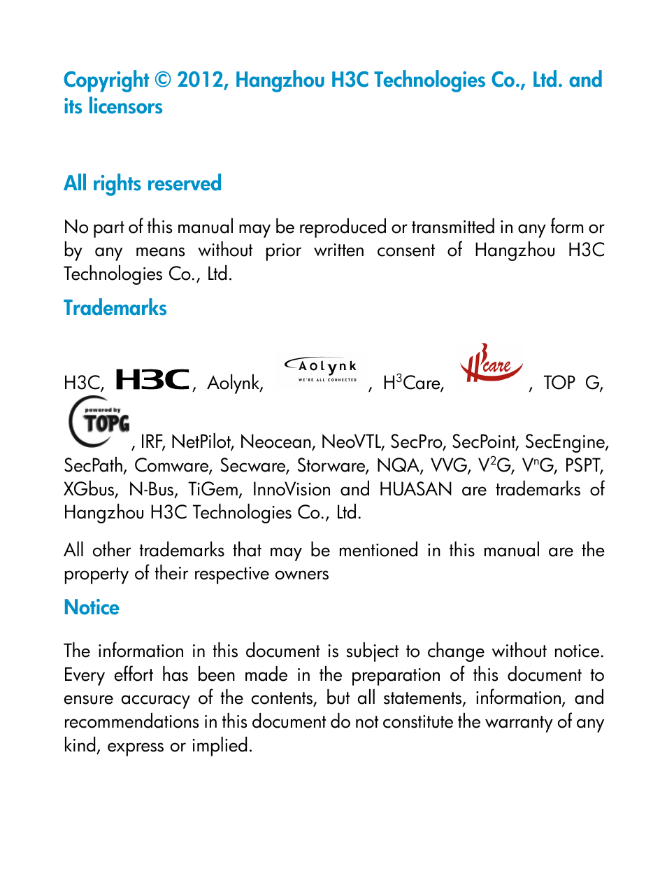 All rights reserved, Trademarks, Notice | H3C Technologies H3C S5560 Series Switches User Manual | Page 2 / 16