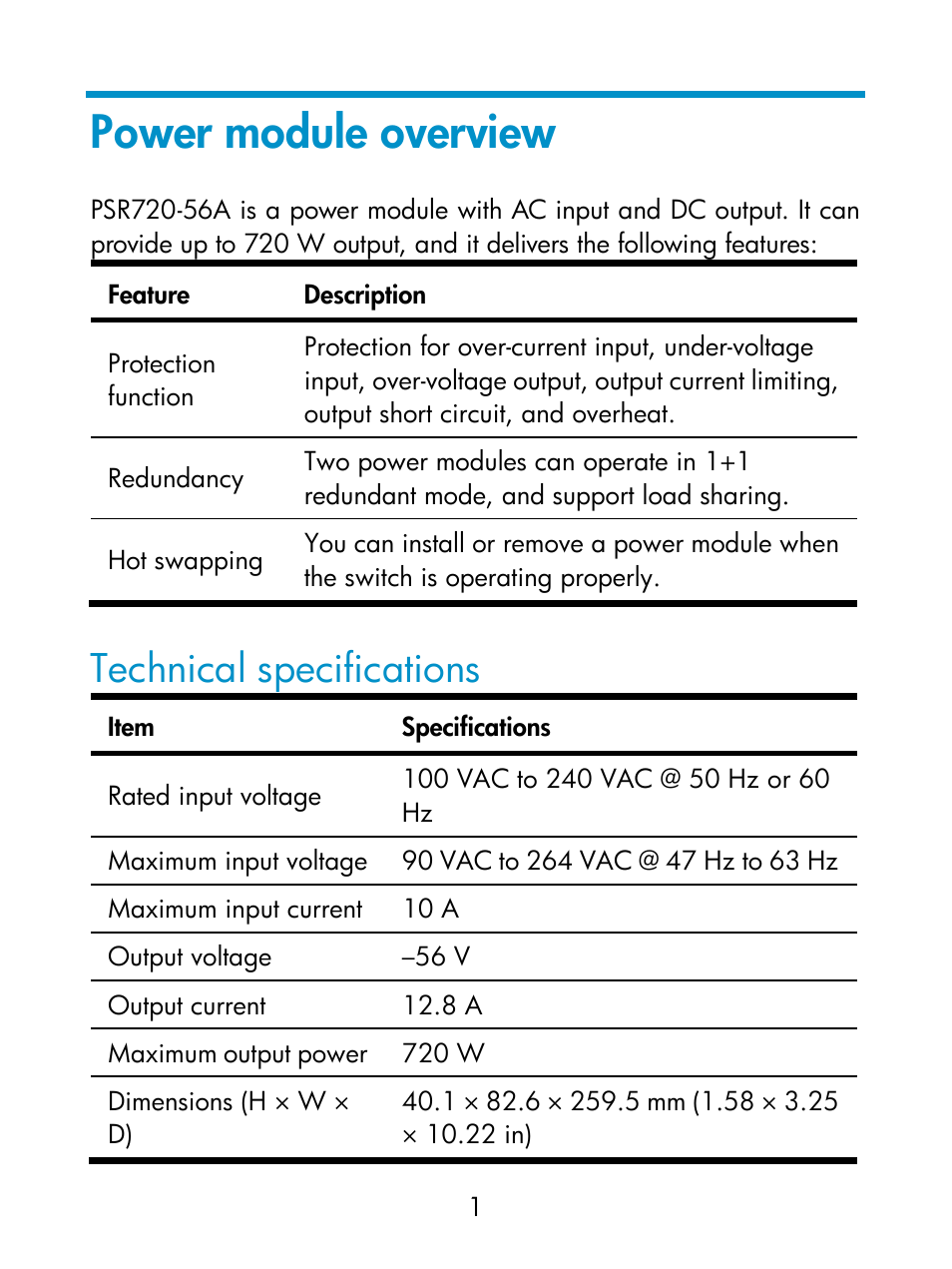 Power module overview, Technical specifications | H3C Technologies H3C S5560 Series Switches User Manual | Page 6 / 16