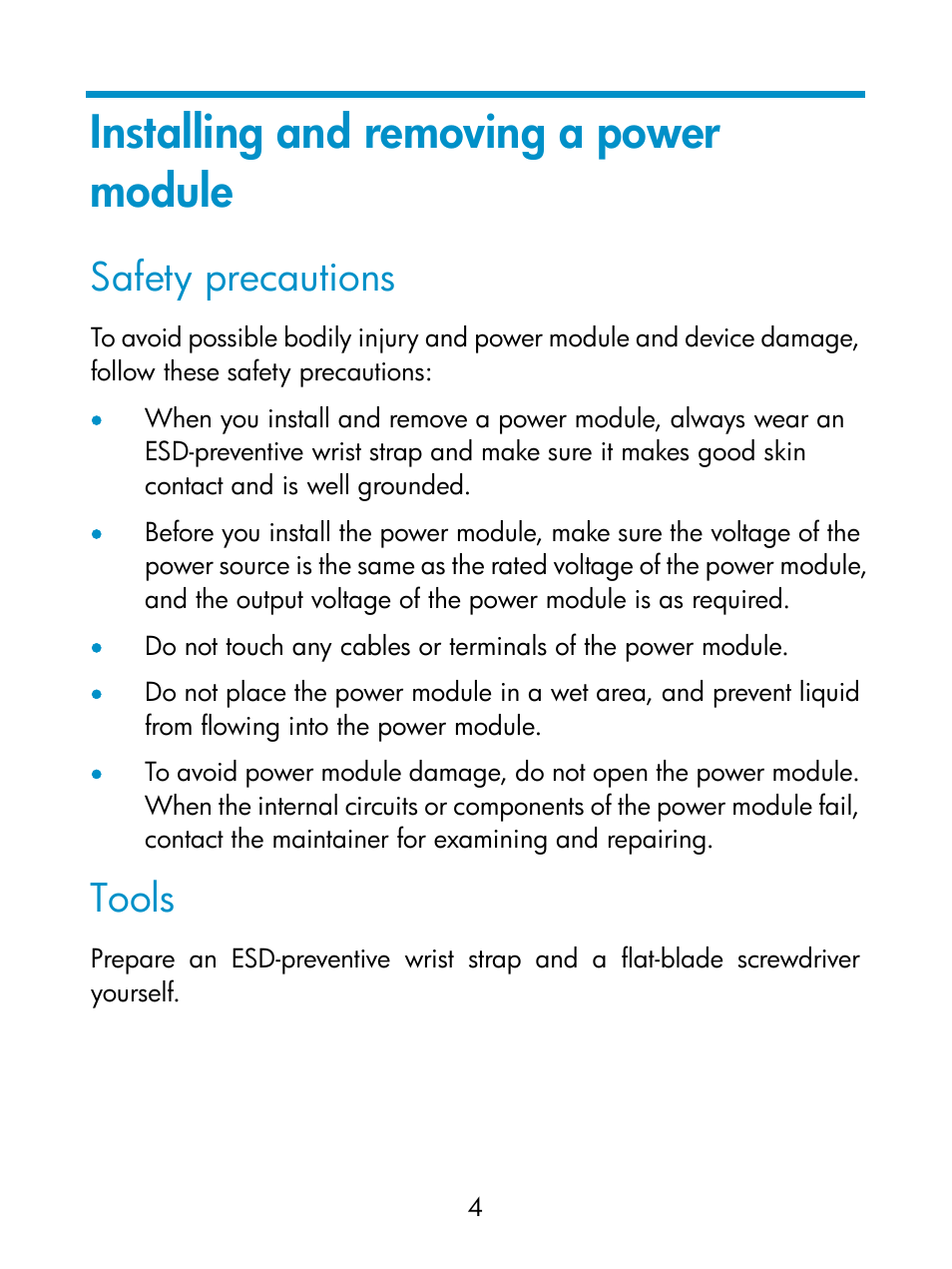 Installing and removing a power module, Safety precautions, Tools | H3C Technologies H3C S5560 Series Switches User Manual | Page 9 / 16