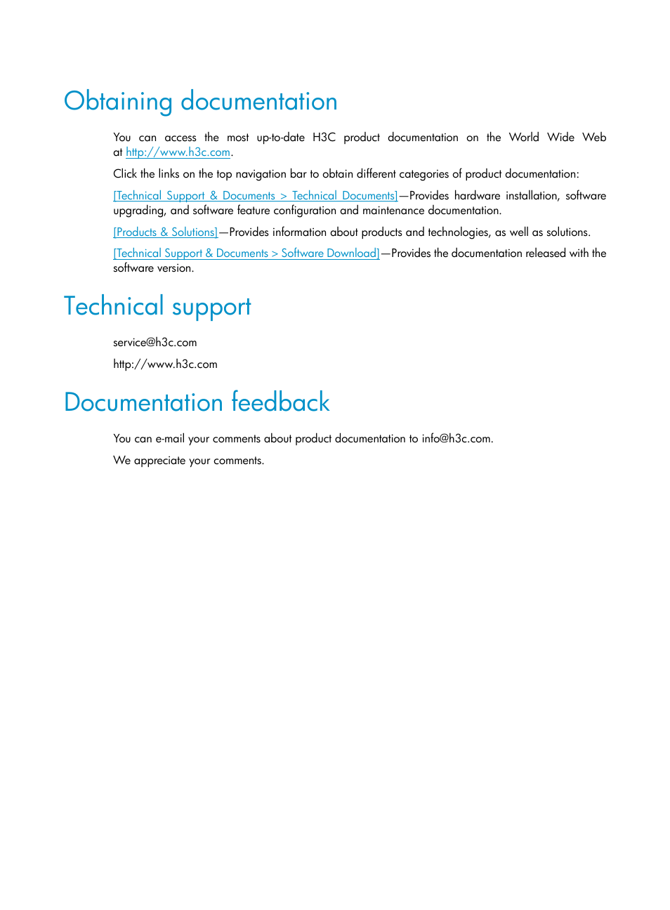 Obtaining documentation, Technical support, Documentation feedback | H3C Technologies H3C S5560 Series Switches User Manual | Page 3 / 11