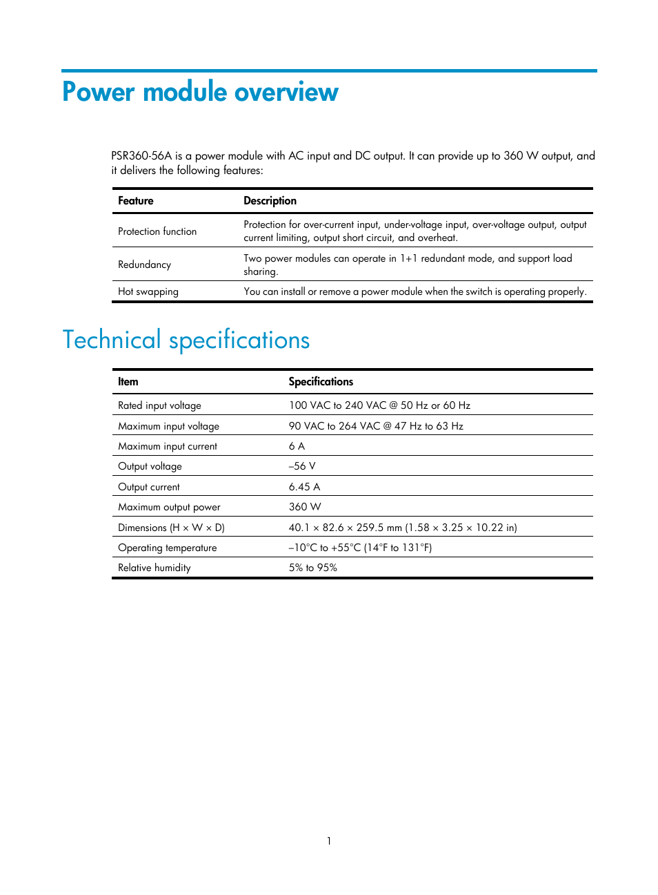 Power module overview, Technical specifications | H3C Technologies H3C S5560 Series Switches User Manual | Page 5 / 11