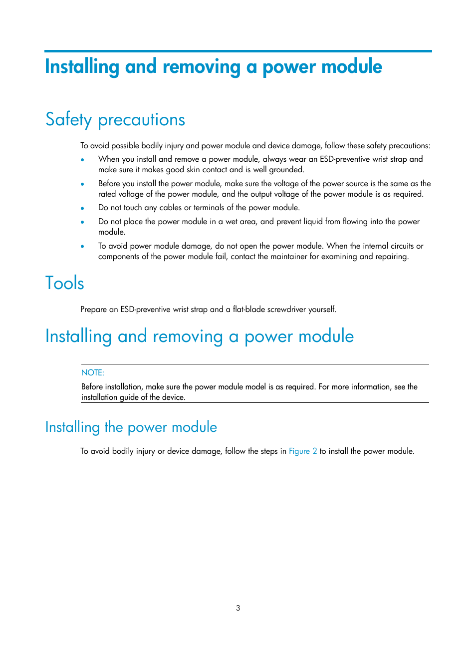 Installing and removing a power module, Safety precautions, Tools | Installing the power module | H3C Technologies H3C S5560 Series Switches User Manual | Page 7 / 11