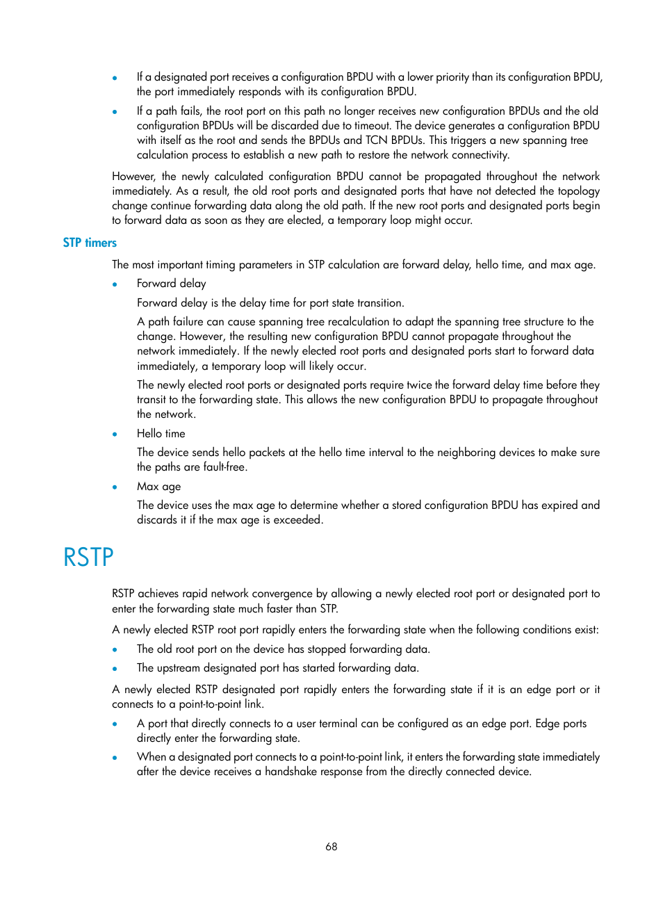 Stp timers, Rstp | H3C Technologies H3C S5560 Series Switches User Manual | Page 102 / 321