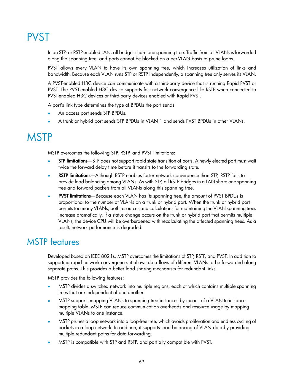 Pvst, Mstp, Mstp features | H3C Technologies H3C S5560 Series Switches User Manual | Page 103 / 321