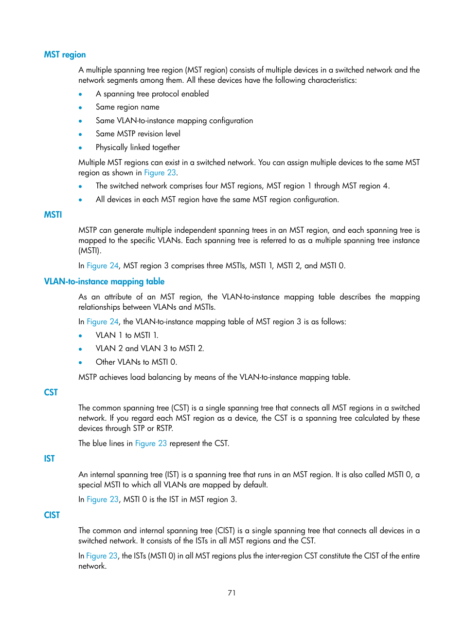 Mst region, Msti, Vlan-to-instance mapping table | Cist | H3C Technologies H3C S5560 Series Switches User Manual | Page 105 / 321