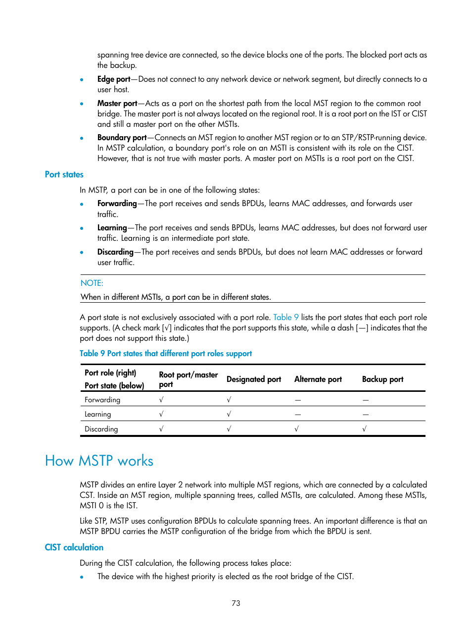 Port states, How mstp works, Cist calculation | H3C Technologies H3C S5560 Series Switches User Manual | Page 107 / 321