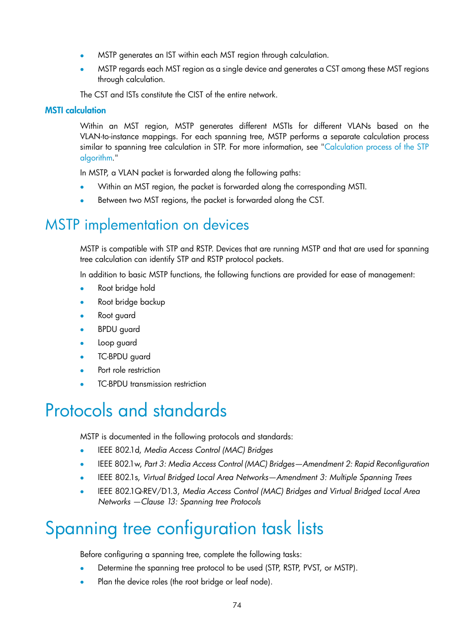 Msti calculation, Mstp implementation on devices, Protocols and standards | Spanning tree configuration task lists | H3C Technologies H3C S5560 Series Switches User Manual | Page 108 / 321