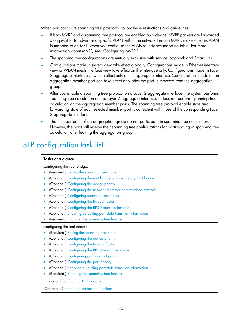 Stp configuration task list | H3C Technologies H3C S5560 Series Switches User Manual | Page 109 / 321