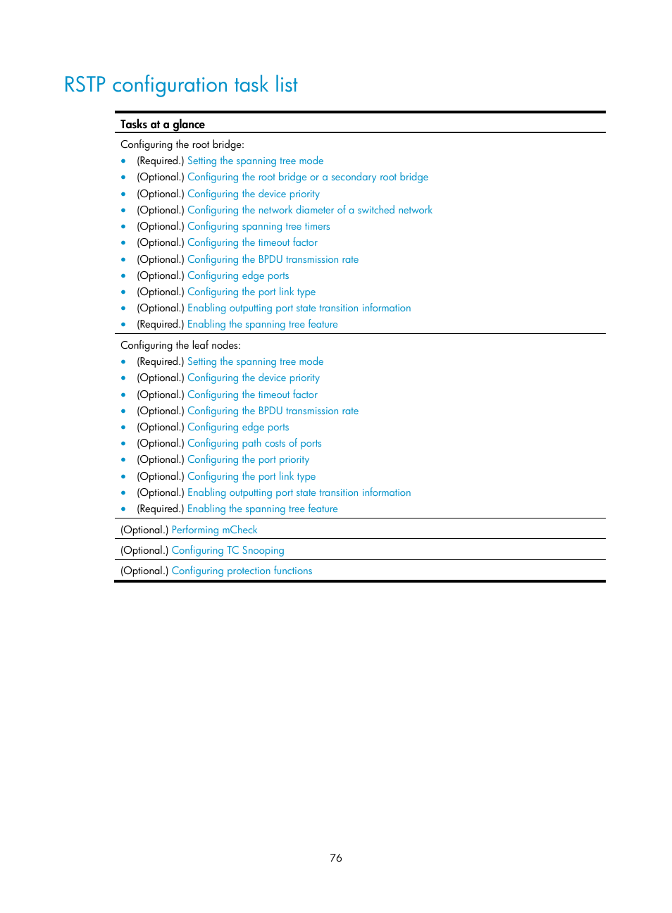 Rstp configuration task list | H3C Technologies H3C S5560 Series Switches User Manual | Page 110 / 321