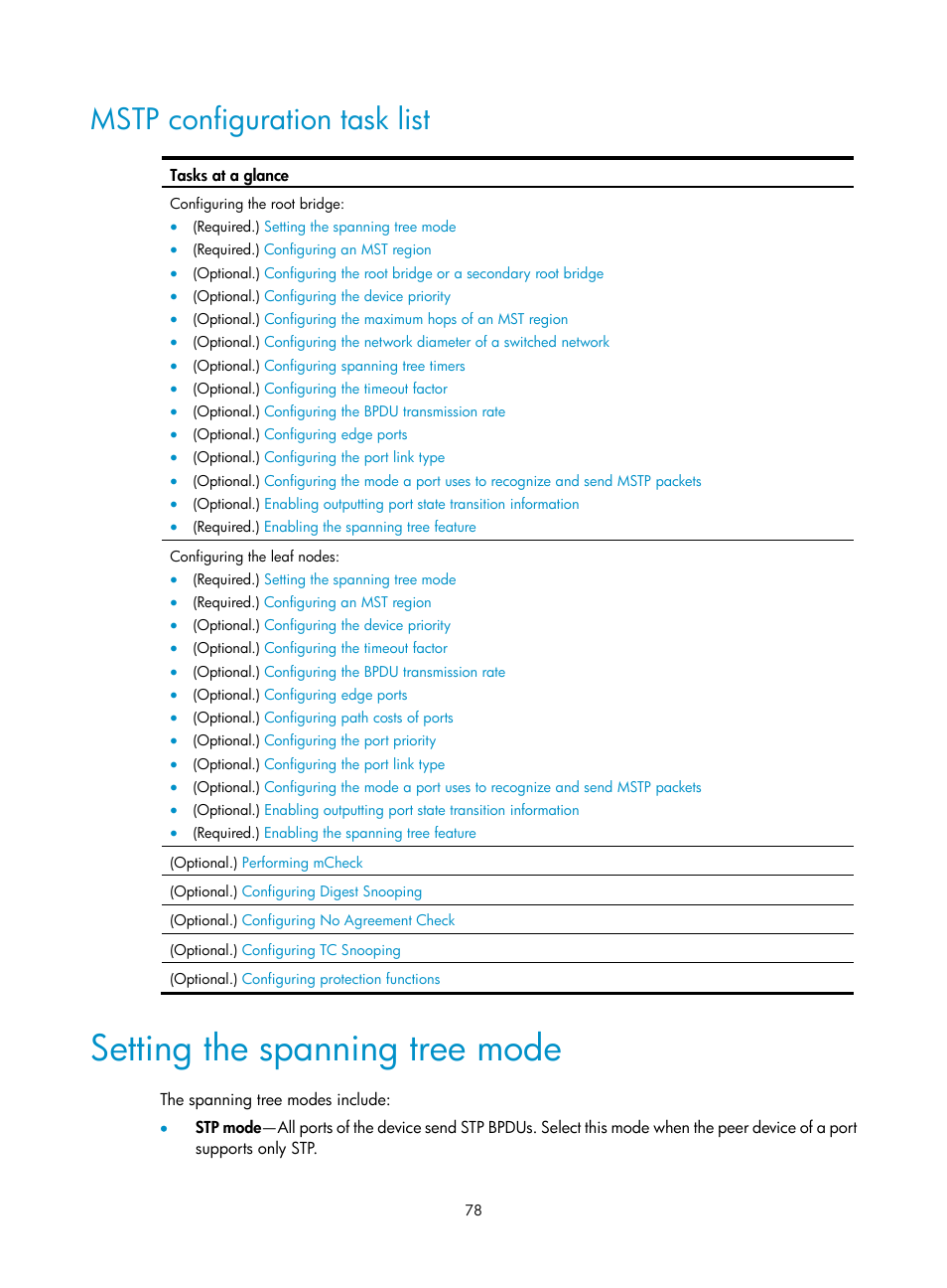 Mstp configuration task list, Setting the spanning tree mode | H3C Technologies H3C S5560 Series Switches User Manual | Page 112 / 321