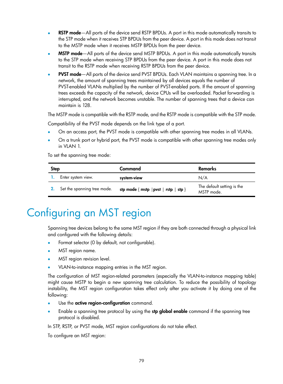 Configuring an mst region | H3C Technologies H3C S5560 Series Switches User Manual | Page 113 / 321