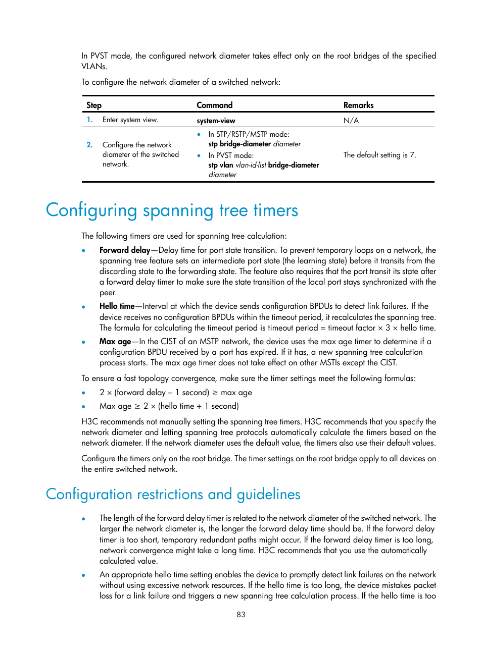 Configuring spanning tree timers, Configuration restrictions and guidelines | H3C Technologies H3C S5560 Series Switches User Manual | Page 117 / 321