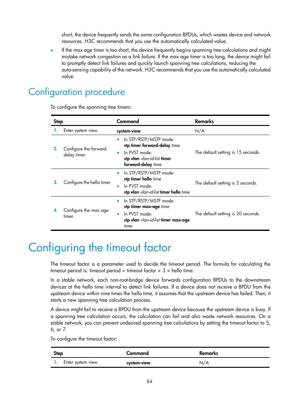 Configuration procedure, Configuring the timeout factor | H3C Technologies H3C S5560 Series Switches User Manual | Page 118 / 321