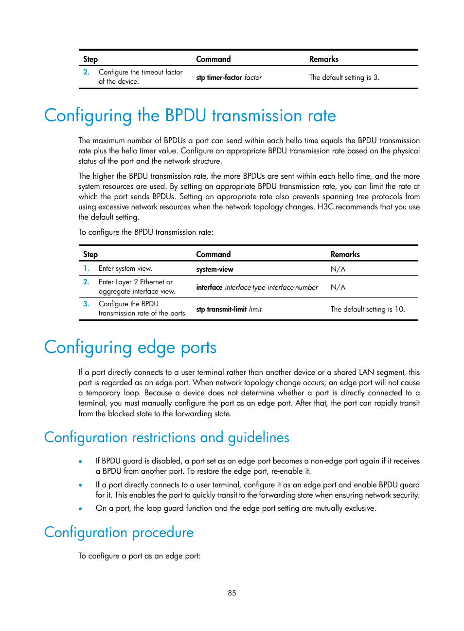 Configuring the bpdu transmission rate, Configuring edge ports, Configuration restrictions and guidelines | Configuration procedure | H3C Technologies H3C S5560 Series Switches User Manual | Page 119 / 321