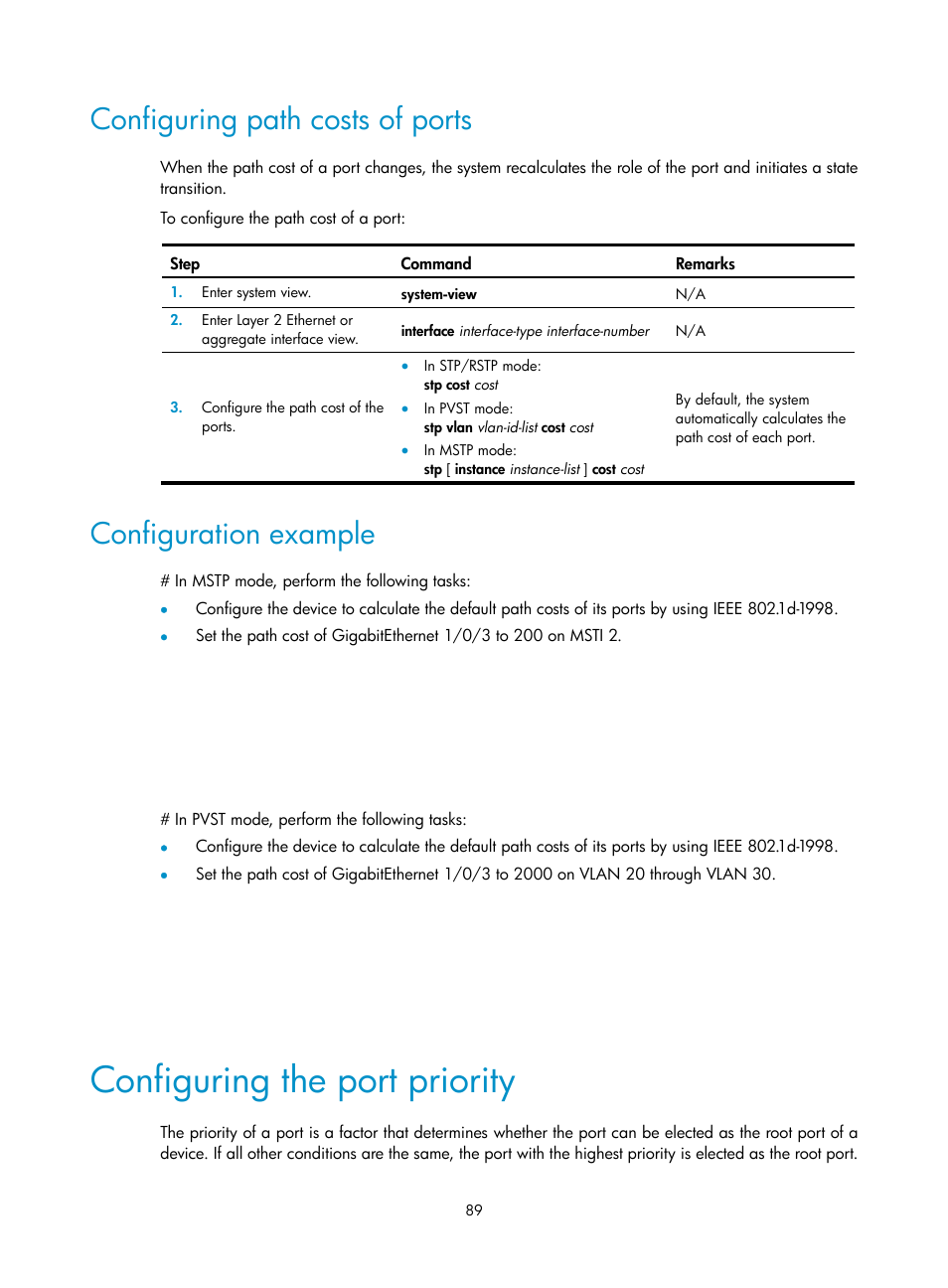 Configuring path costs of ports, Configuration example, Configuring the port priority | H3C Technologies H3C S5560 Series Switches User Manual | Page 123 / 321