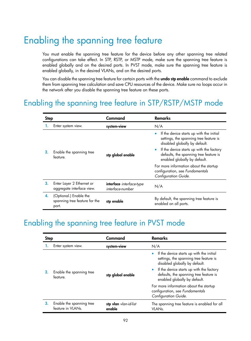 Enabling the spanning tree feature, Enabling the spanning tree feature in pvst mode | H3C Technologies H3C S5560 Series Switches User Manual | Page 126 / 321