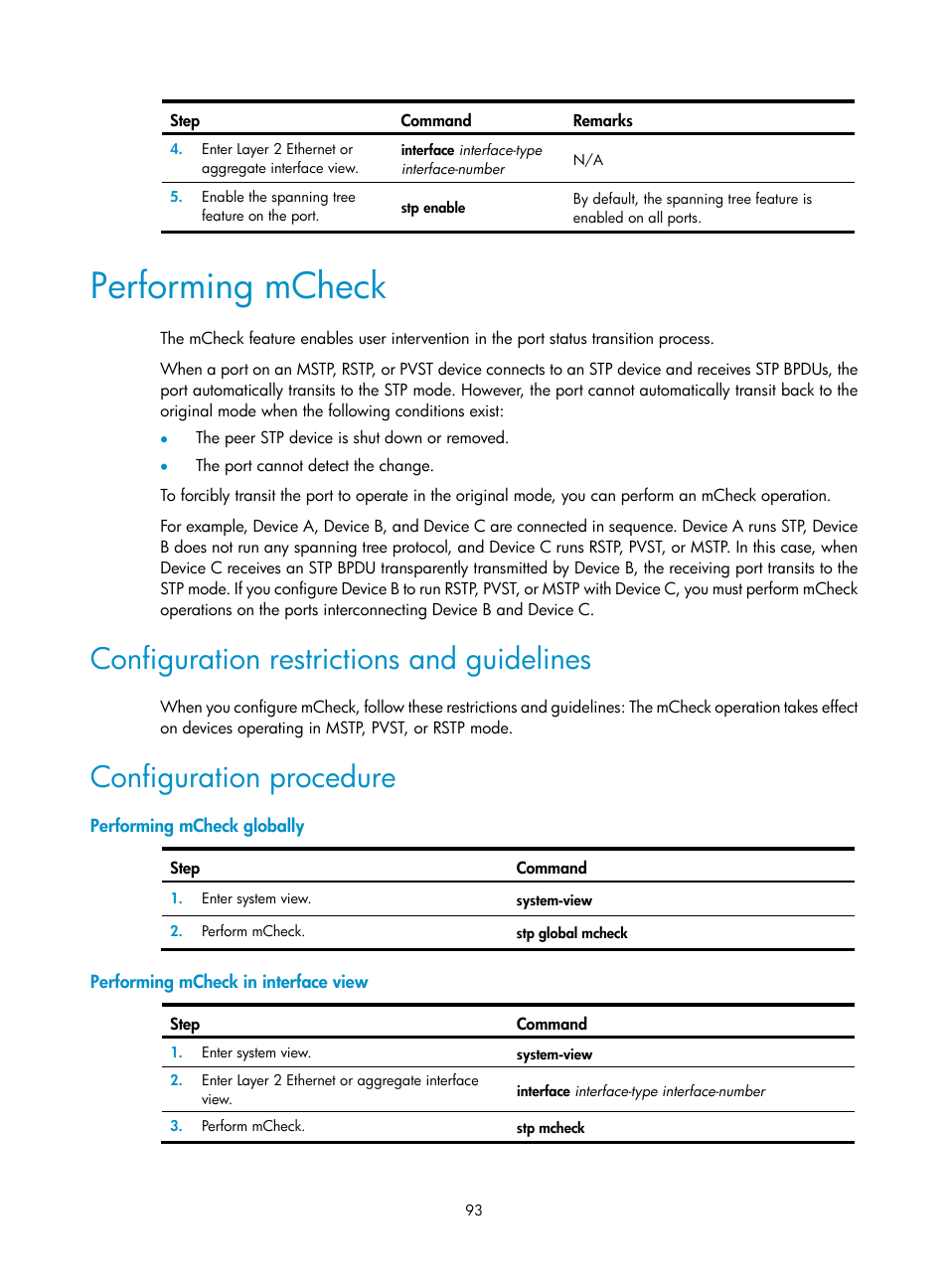 Performing mcheck, Configuration restrictions and guidelines, Configuration procedure | Performing mcheck globally, Performing mcheck in interface view | H3C Technologies H3C S5560 Series Switches User Manual | Page 127 / 321