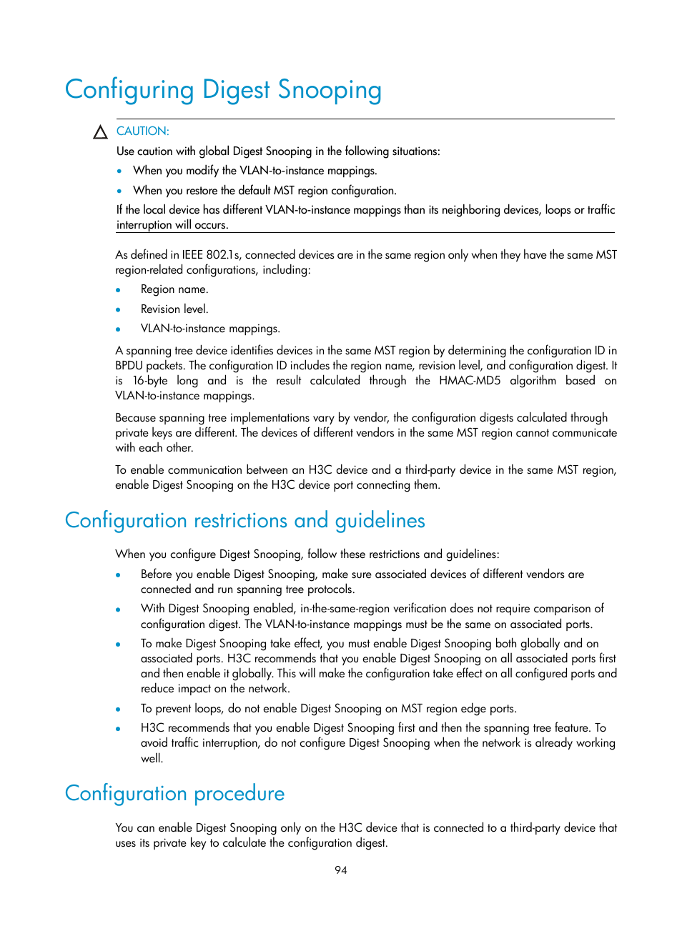 Configuring digest snooping, Configuration restrictions and guidelines, Configuration procedure | H3C Technologies H3C S5560 Series Switches User Manual | Page 128 / 321