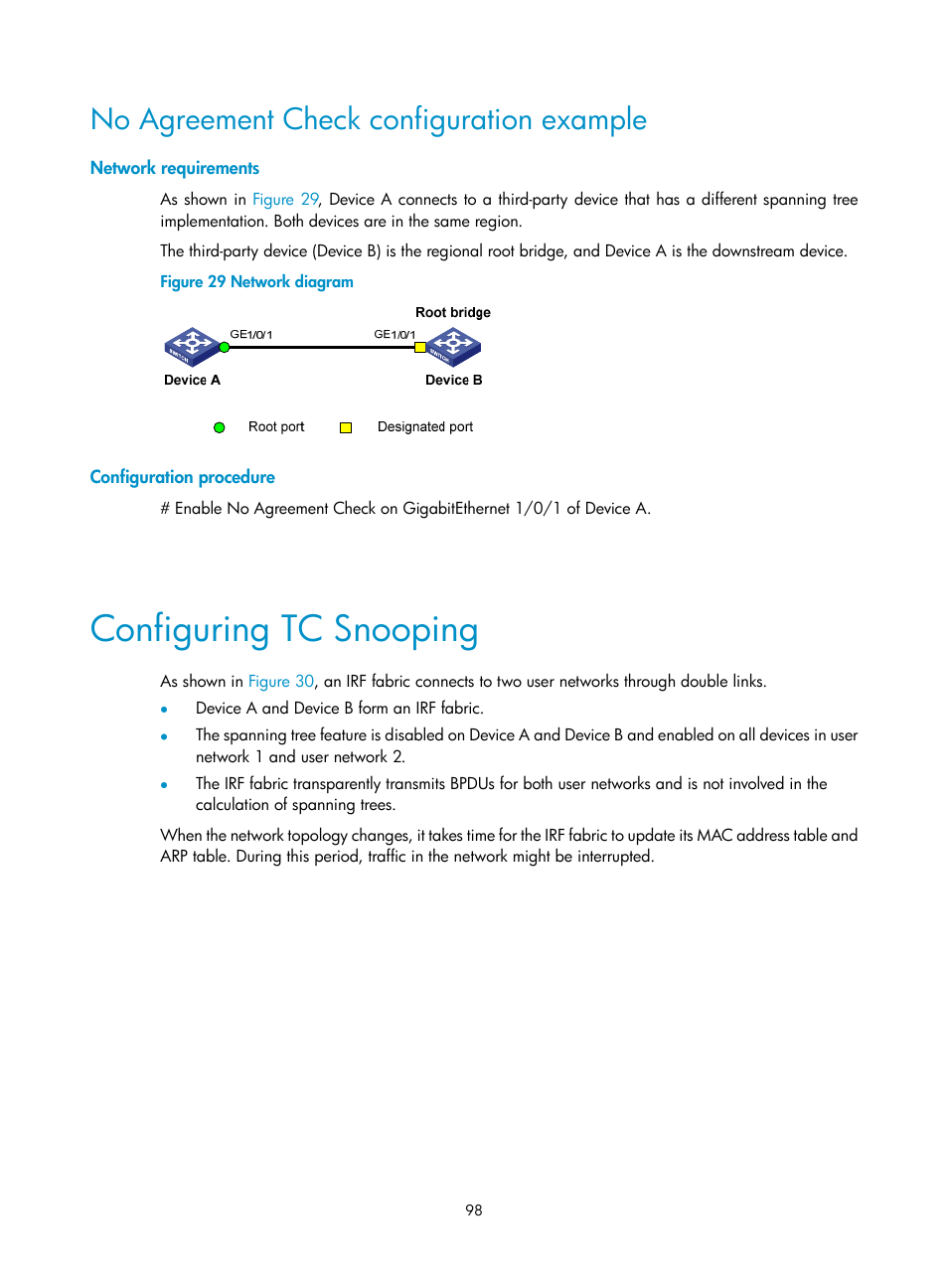 No agreement check configuration example, Network requirements, Configuration procedure | Configuring tc snooping | H3C Technologies H3C S5560 Series Switches User Manual | Page 132 / 321