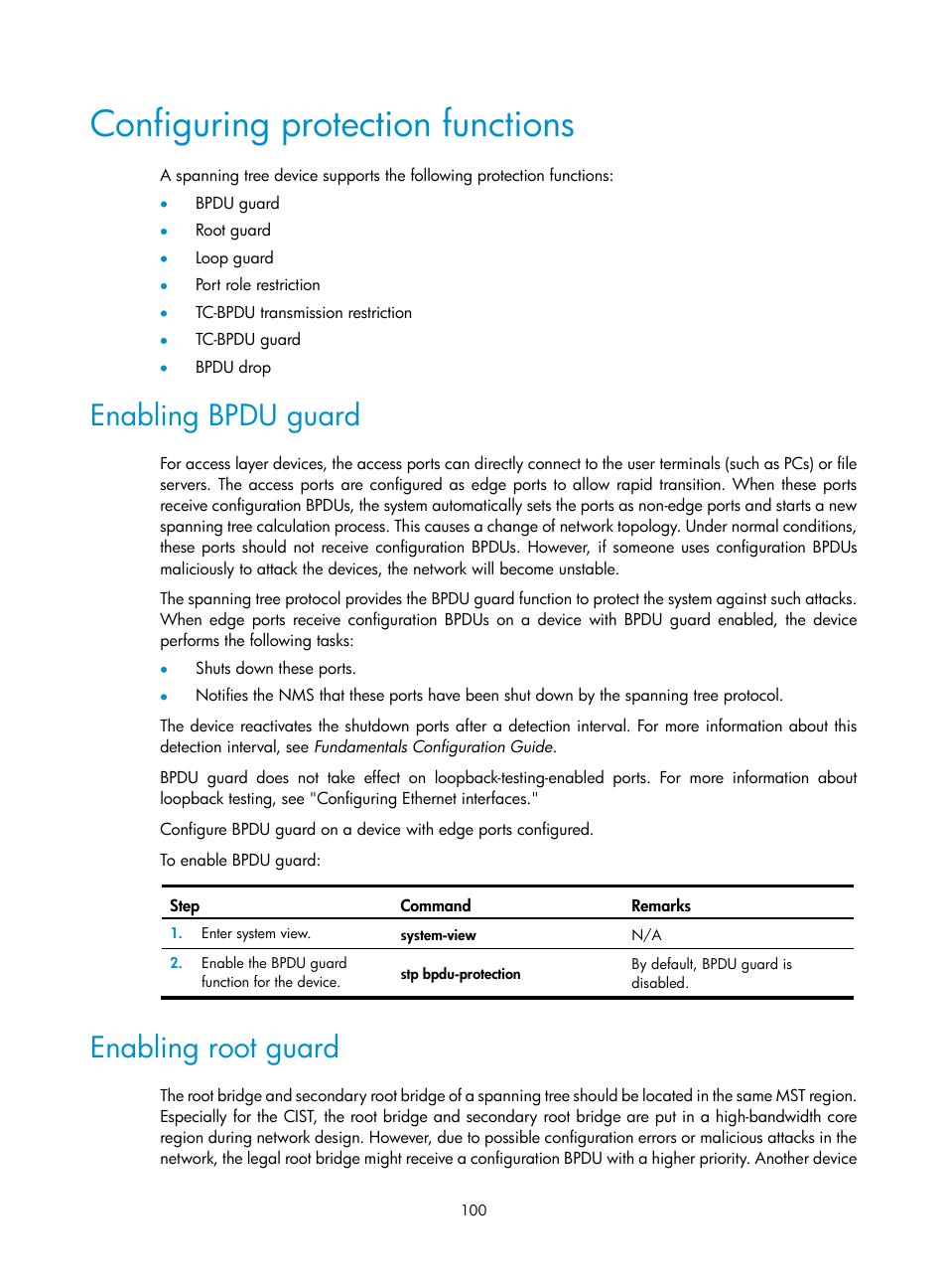 Configuring protection functions, Enabling bpdu guard, Enabling root guard | H3C Technologies H3C S5560 Series Switches User Manual | Page 134 / 321