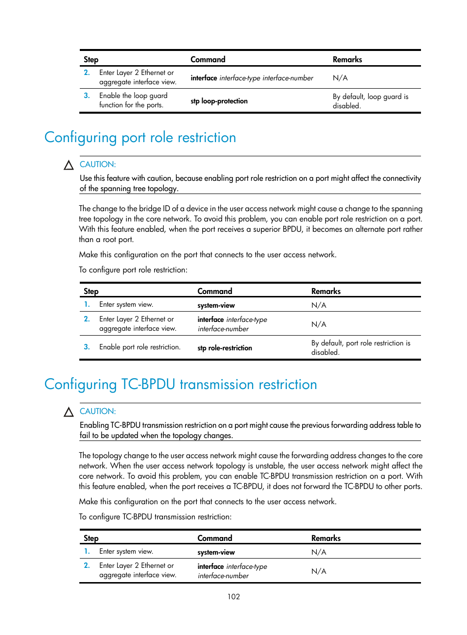 Configuring port role restriction, Configuring tc-bpdu transmission restriction | H3C Technologies H3C S5560 Series Switches User Manual | Page 136 / 321