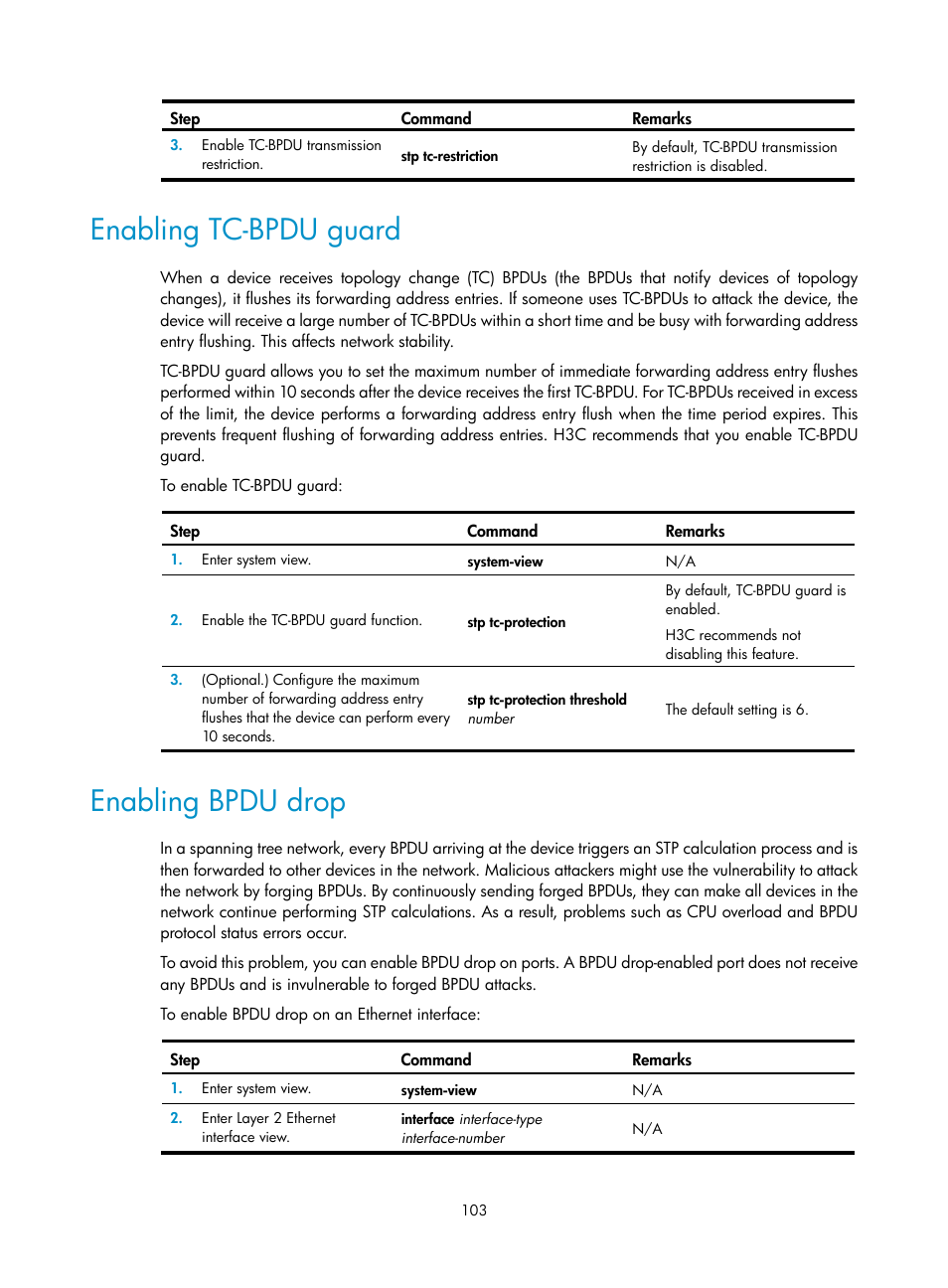 Enabling tc-bpdu guard, Enabling bpdu drop | H3C Technologies H3C S5560 Series Switches User Manual | Page 137 / 321