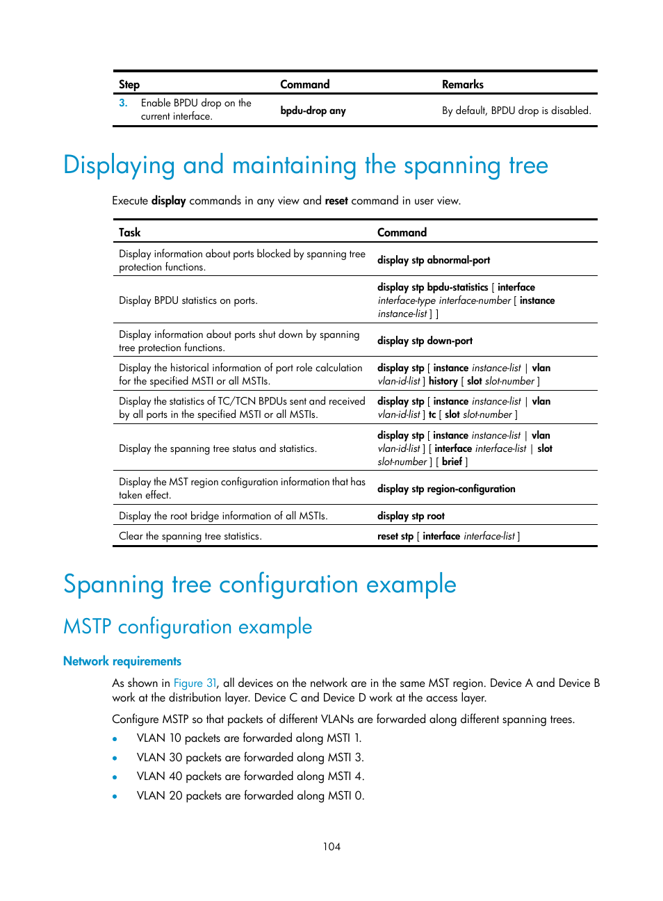 Displaying and maintaining the spanning tree, Spanning tree configuration example, Mstp configuration example | Network requirements | H3C Technologies H3C S5560 Series Switches User Manual | Page 138 / 321