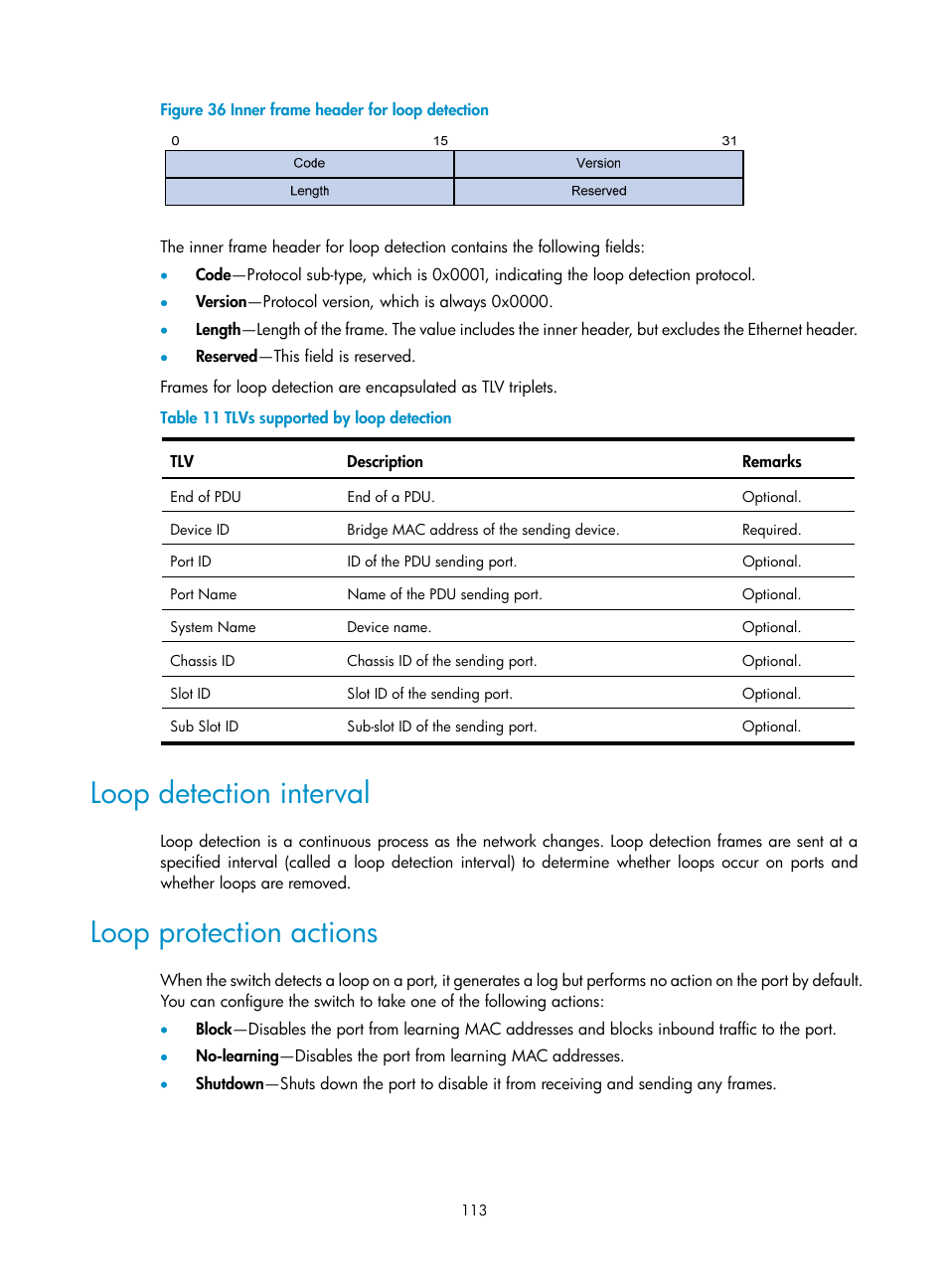 Loop detection interval, Loop protection actions | H3C Technologies H3C S5560 Series Switches User Manual | Page 147 / 321