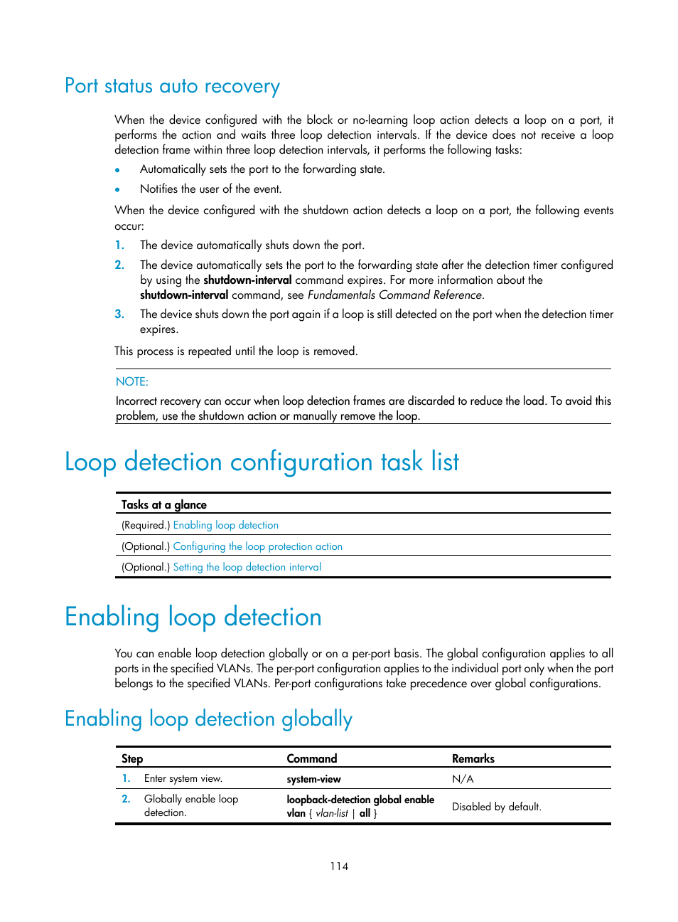 Port status auto recovery, Loop detection configuration task list, Enabling loop detection | Enabling loop detection globally | H3C Technologies H3C S5560 Series Switches User Manual | Page 148 / 321