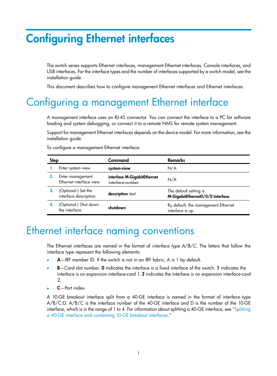 Configuring ethernet interfaces, Configuring a management ethernet interface, Ethernet interface naming conventions | H3C Technologies H3C S5560 Series Switches User Manual | Page 15 / 321