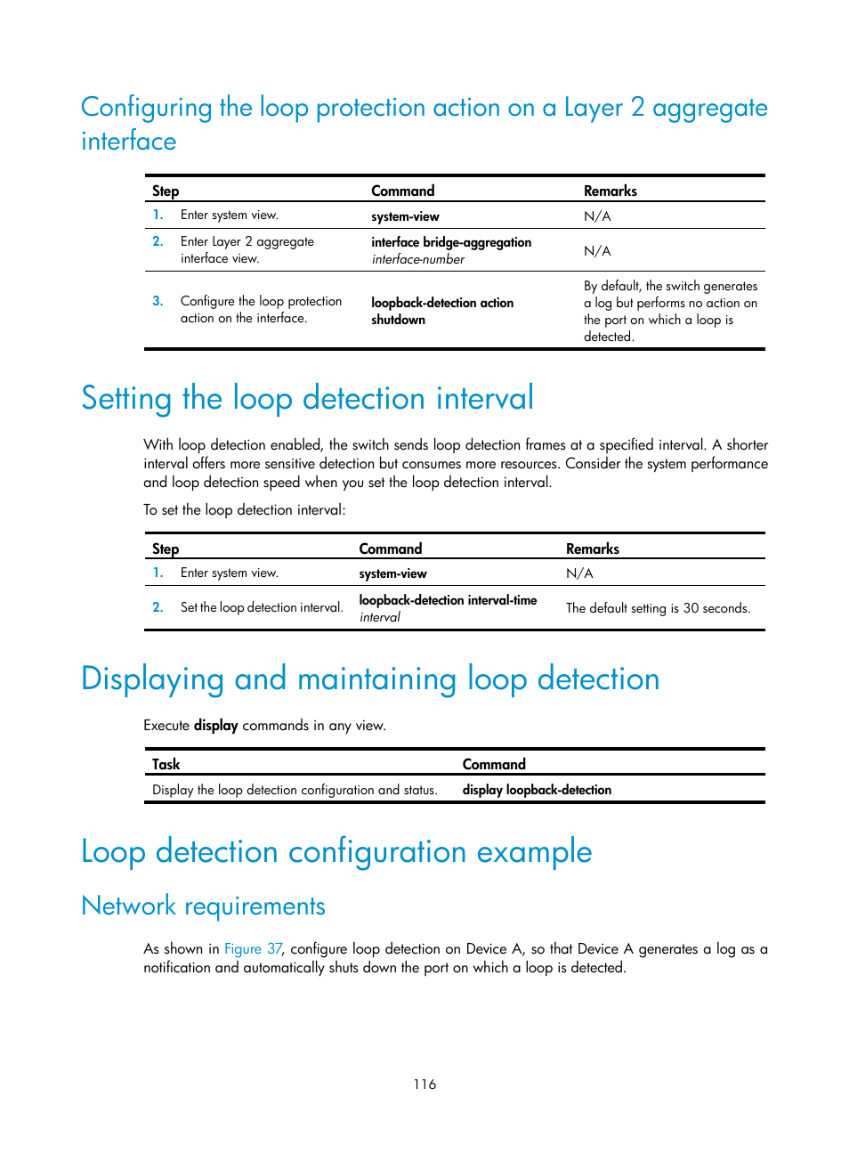 Setting the loop detection interval, Displaying and maintaining loop detection, Loop detection configuration example | Network requirements | H3C Technologies H3C S5560 Series Switches User Manual | Page 150 / 321