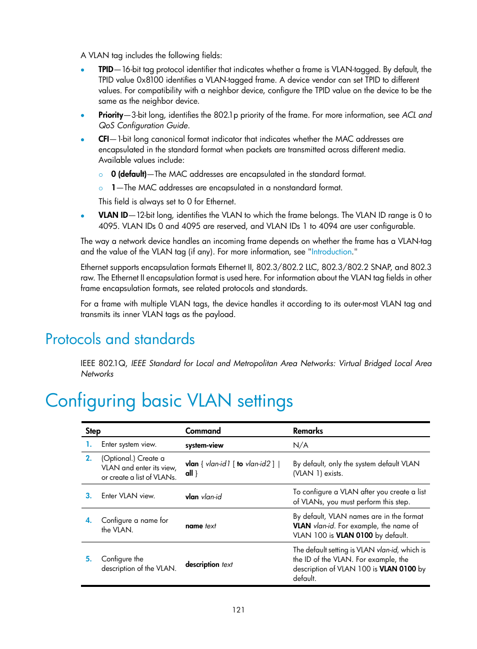 Protocols and standards, Configuring basic vlan settings | H3C Technologies H3C S5560 Series Switches User Manual | Page 155 / 321