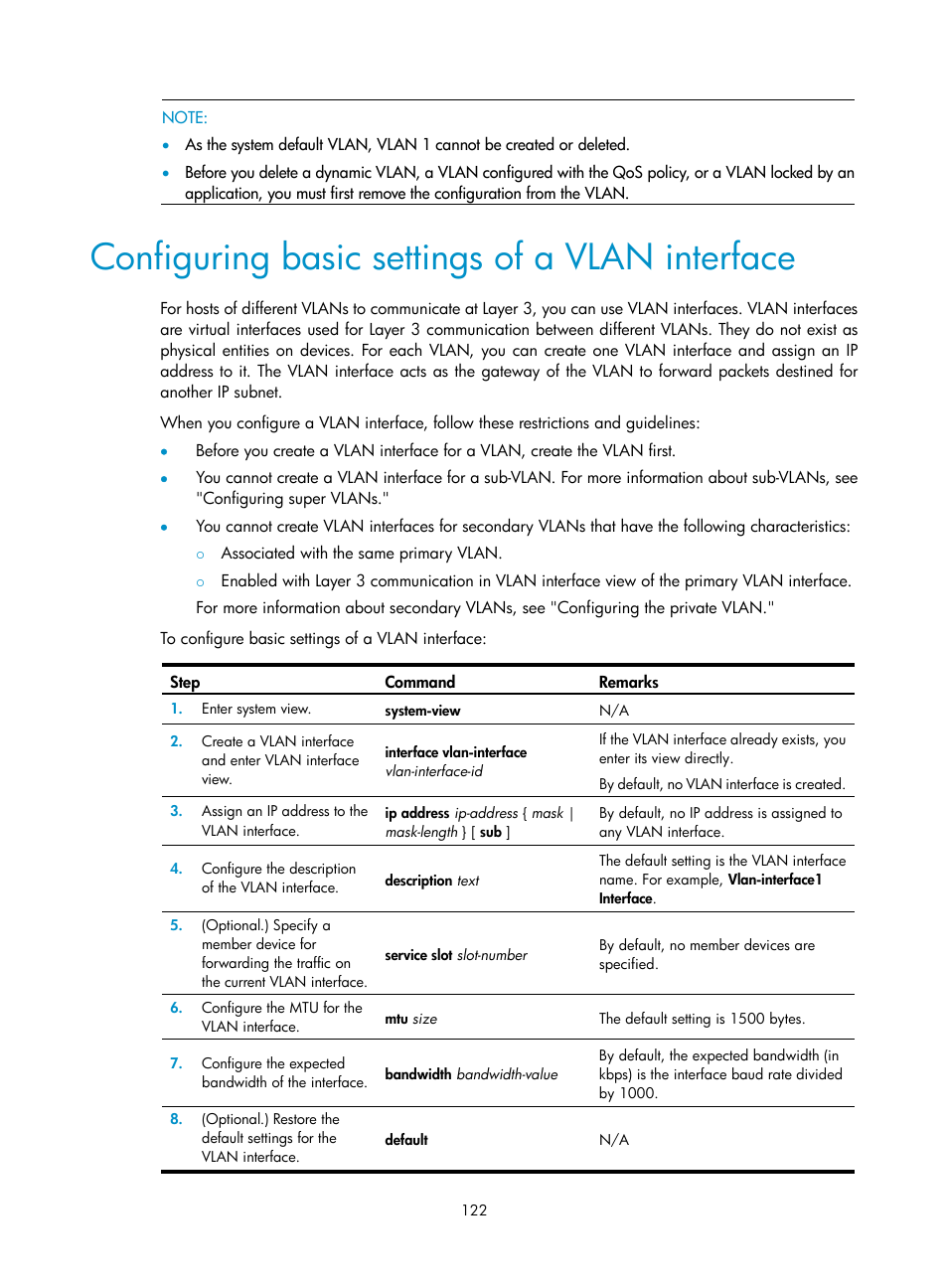 Configuring basic settings of a vlan interface | H3C Technologies H3C S5560 Series Switches User Manual | Page 156 / 321