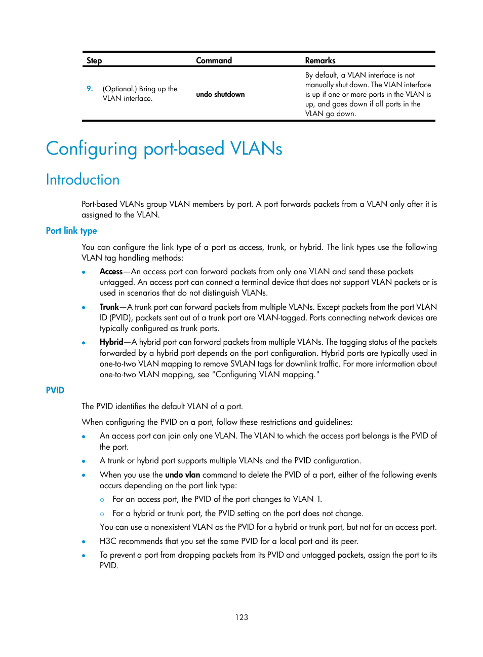 Configuring port-based vlans, Introduction, Port link type | Pvid | H3C Technologies H3C S5560 Series Switches User Manual | Page 157 / 321