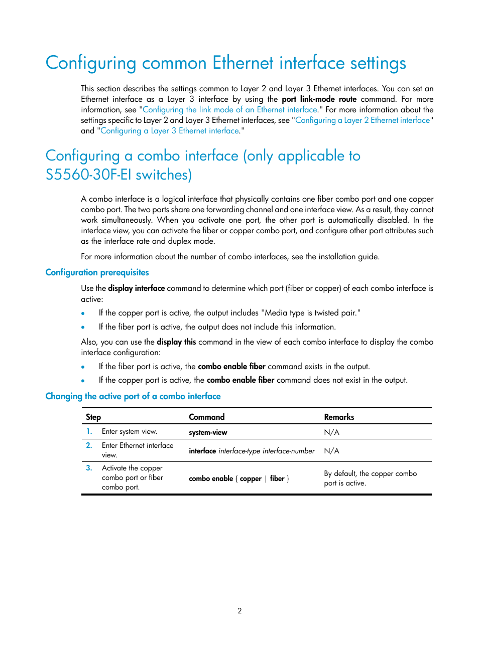 Configuring common ethernet interface settings, Configuration prerequisites, Changing the active port of a combo interface | H3C Technologies H3C S5560 Series Switches User Manual | Page 16 / 321