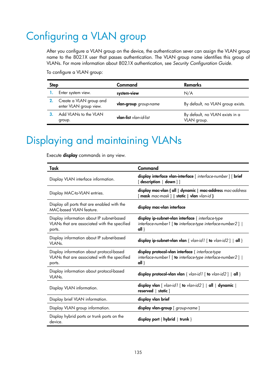 Configuring a vlan group, Displaying and maintaining vlans | H3C Technologies H3C S5560 Series Switches User Manual | Page 169 / 321