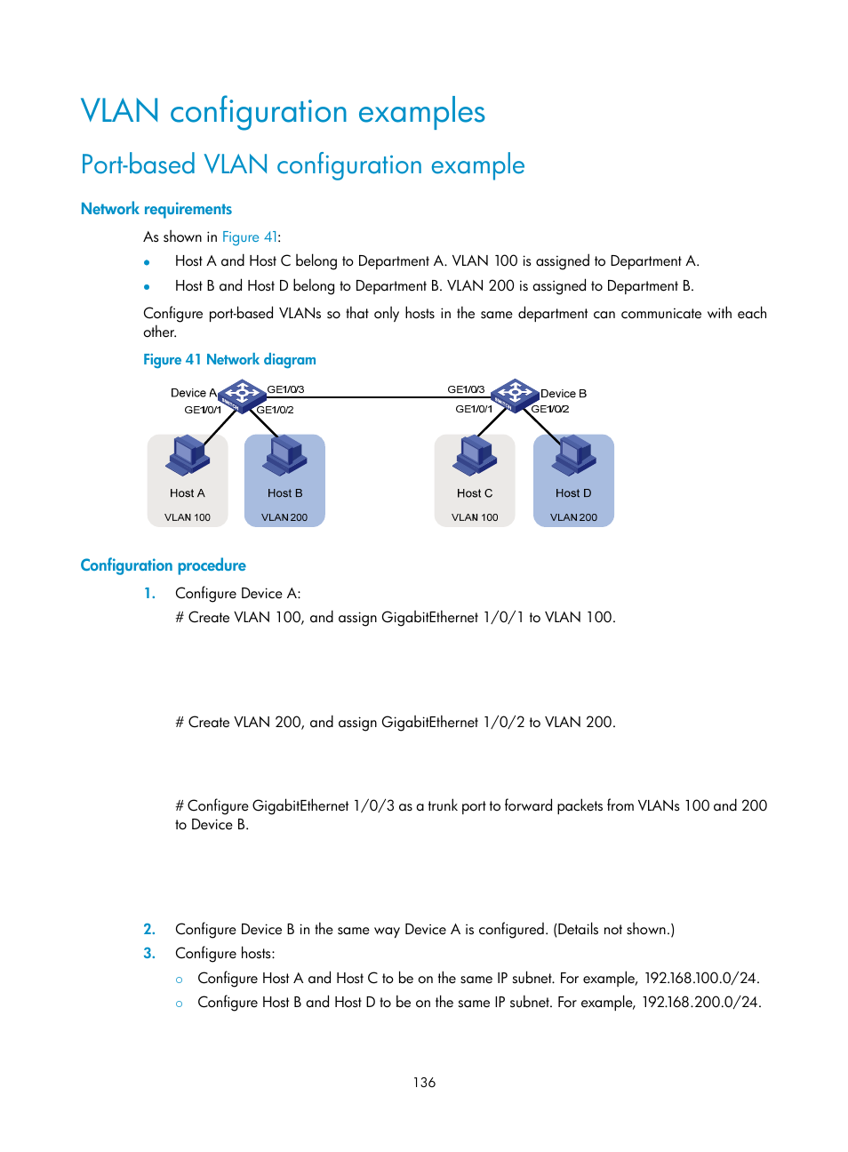 Vlan configuration examples, Port-based vlan configuration example, Network requirements | Configuration procedure | H3C Technologies H3C S5560 Series Switches User Manual | Page 170 / 321