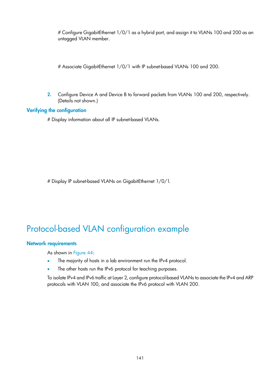 Verifying the configuration, Protocol-based vlan configuration example, Network requirements | H3C Technologies H3C S5560 Series Switches User Manual | Page 175 / 321